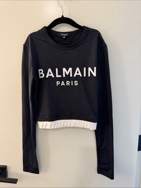 Balmain Black Long-Sleeve Logo Crop Top with White Hem